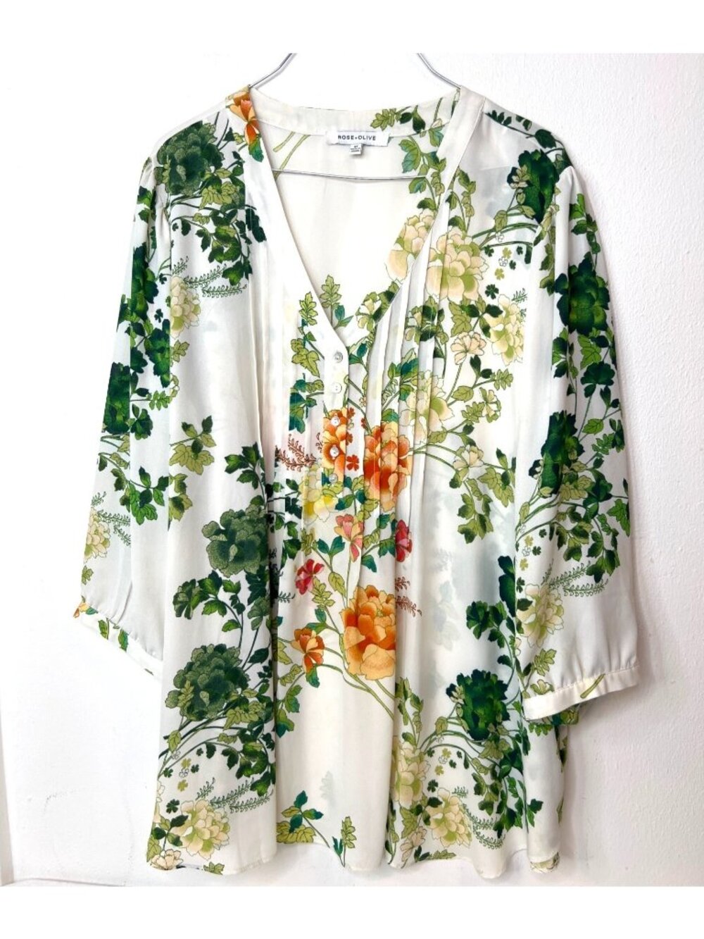 Rose + Olive 2X Floral Botanical Leaves Blouse Popover Pleating Flowy Romantic - Picture 2 of 10